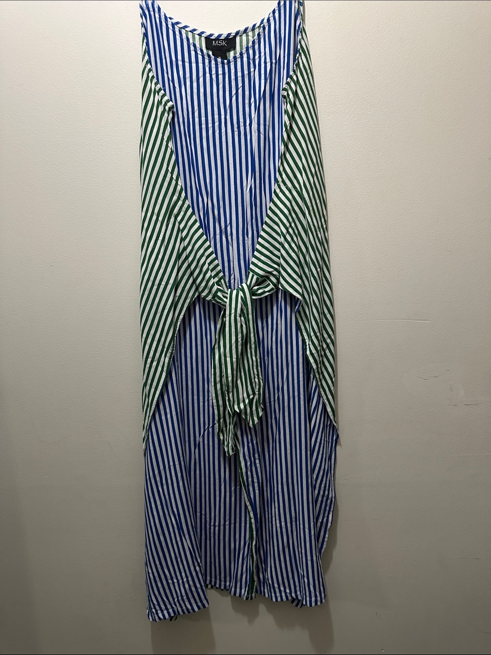 MSK Blue,Green & White Vertical Stripe Sleeveless Tie Front romper size L